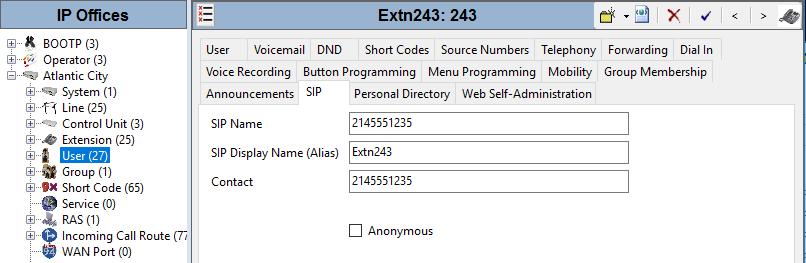 5.7. User If the SIP Line is configured to use Internal Data in Section 5.4.5, then configure the SIP parameters for each user that will be placing and receiving calls via the SIP line.