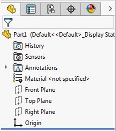 Feature Design Tree 4-11 The SOLIDWORKS FeatureManager Design Tree Part Icon In the SOLIDWORKS screen layout, the FeatureManager Design Tree is located to the left of the graphics window.