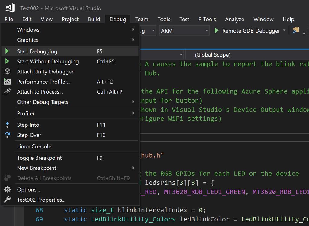 Azure Sphere Live Demo: Visual Studio 2017 Under Debug, Start
