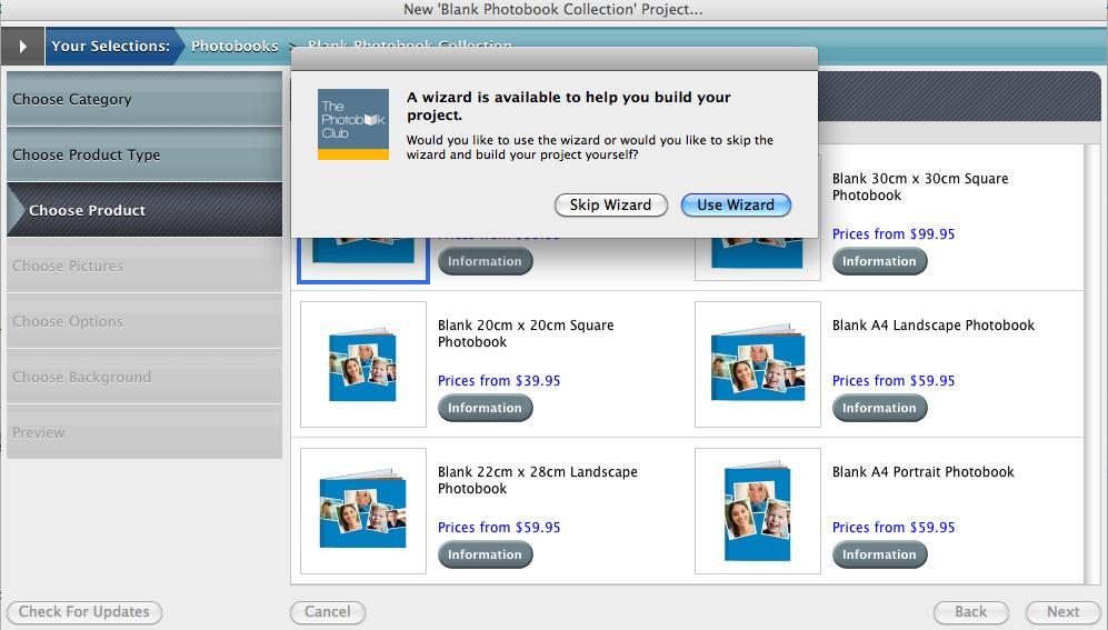 4.0.3 Wizard Help You are able to enable the wizard to help you out with your new project to give you tips and advice on the Photobook.