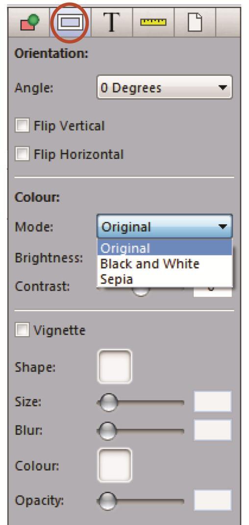 8.2 Picture tab The Picture tab is consists of 3 sections; Orientation, Colour and Vignette (Gradient or colour fade).
