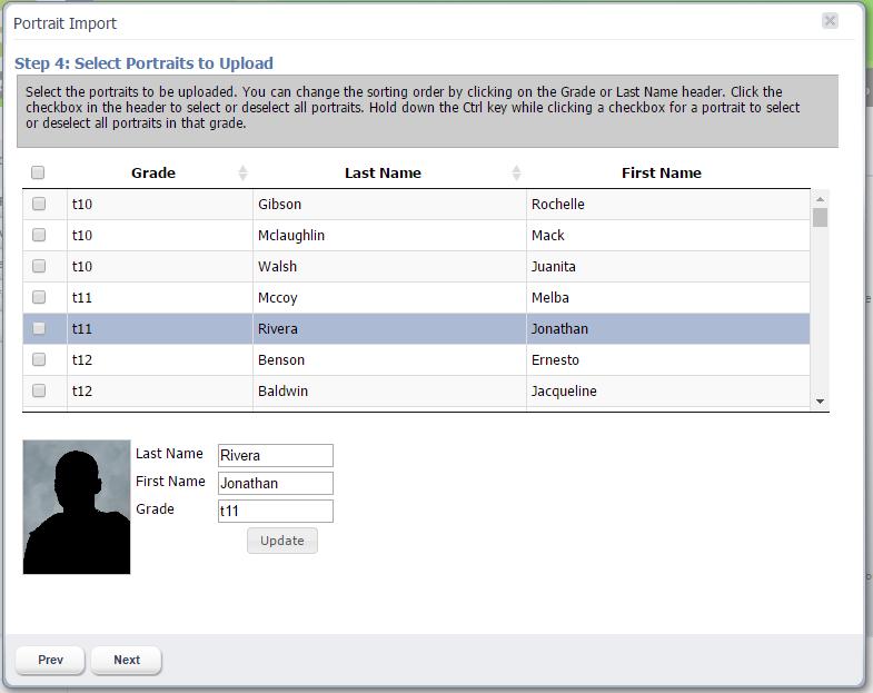 The Portrait Import dialog, Step 4, selecting portraits to upload. Your portrait photos will be listed according to the columns you specified on the previous screen.