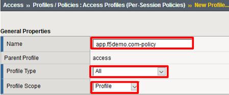 3. In the New Profile window, key in the following: Name: Profile Type: Profile Scope: app.f5demo.com?