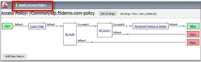 35. In the Visual Policy Editor, select the Deny ending on the fallback branch following Advanced Resource Assign 36.