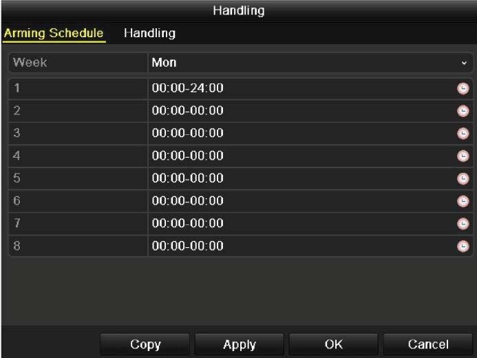 4. Click the icon of Handling to enter the Handling interface. 5. Set the arming schedule and alarm response actions.