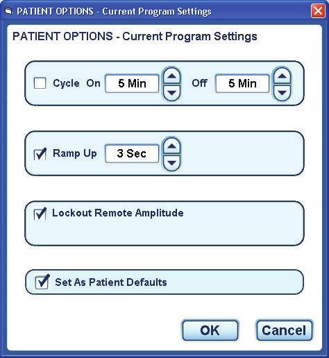 Adjusting Patient Options The Patient Options window allows you to view and edit additional program settings, including stimulation cycling, ramp up time, and Remote Control amplitude lockout.