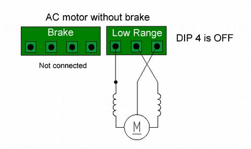 3.4 DIP4: Rotor Brakes? On Low Range motors, you can use your rotor breaks. Voltage on the break must be the same as voltage on the rotor motor. Set DIP4 to to enable using this feature in software.