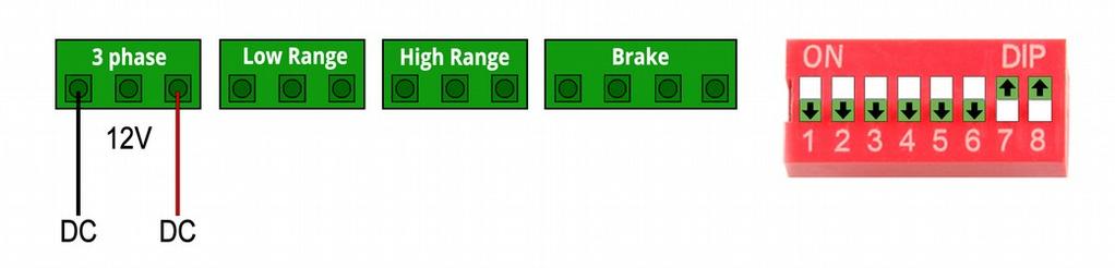 DIP1: Low Range or High Range? DIP2: Reverse CW and CCW DIP3: No Function DIP4: Using Breaks? DIP5: Using Soft Start? DIP6: AC or DC motor?