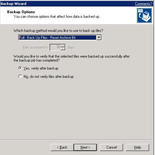 Select the type of Backup you require; full or incremental etc and also