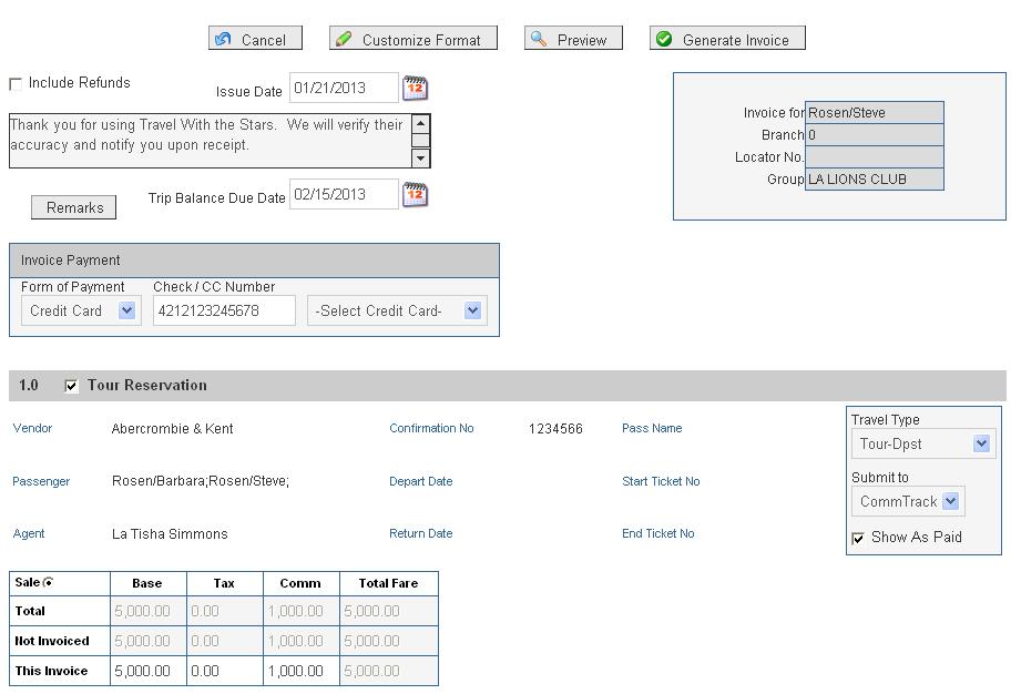 Step 3) Click on the Generate Invoice on the menu items to record a payment and issue invoice.