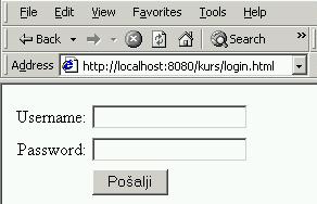 Slika 9.1 HTML forma Forma sadrži dva polja čiji su nazivi, recimo, username i password. Sadržaj ovih polja biće prenet kroz parametre novoj stranici nakon klika na dugme Pošalji.