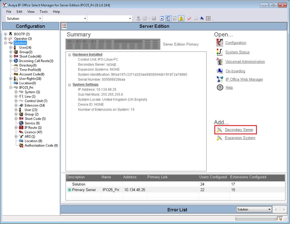 IP Office resilience configuration Procedure 1. In the Server Edition Solution View, under Add, select the Secondary Server link.