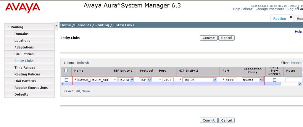 6.4. Add Entity Link The SIP trunk from Session Manager to Communication Manager is described by an Entity link.