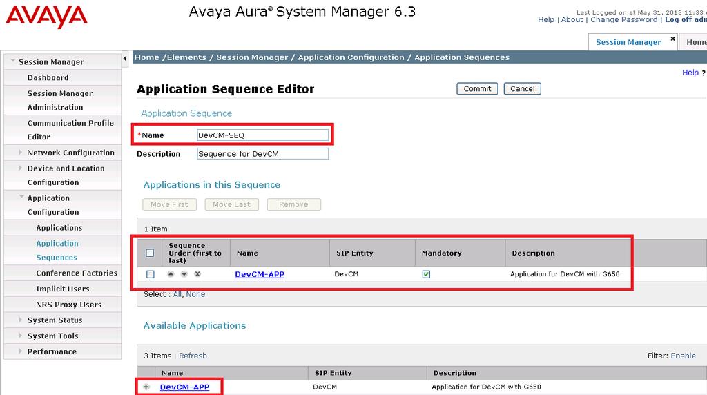 Next, define an Application Sequence for Communication Manager as shown below.