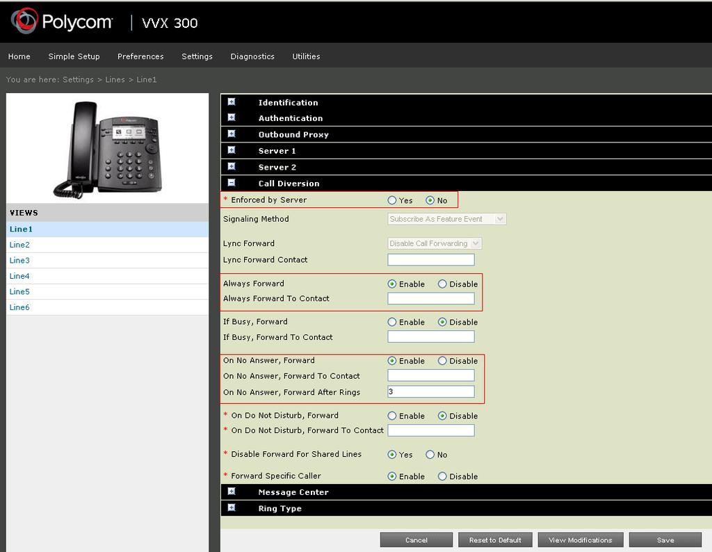 7.4. Local Call Forward Settings This section shows how to set up call forward settings for Polycom VVX 300/400. On the homepage of Polycom VVX 300/400, navigate to menu Settings Lines (not shown).