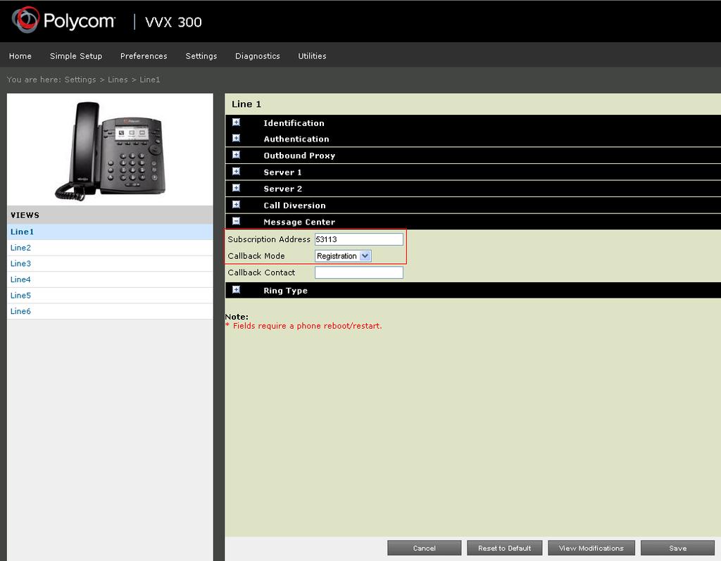 7.5. Configuring Message Center for Message Waiting Indicator This section shows how to set up activation of MWI for Polycom VVX 300/400.