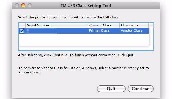 4 The TM USB Class Setting Tool screen appears.