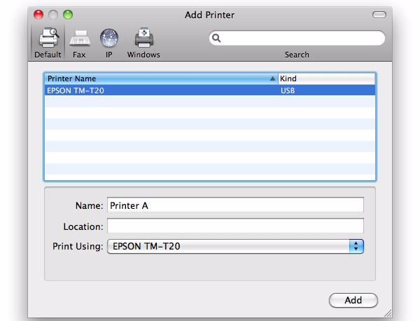 4 The Add Printer screen appears. Select the new Printer B and change the [Name] to Printer A. Select the same [Print Using] setting as Printer A and click the [Add] button.