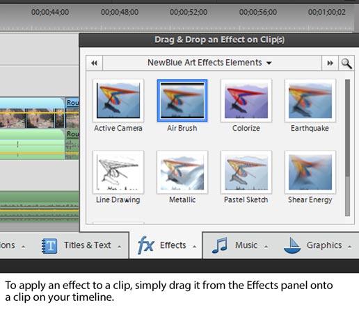 Basic Video Editing Moves 3 Apply the effect. To apply the effect, drag it from the Effects panel onto a clip on your timeline. 4 Adjust the effect s settings.
