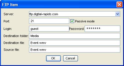 Digital Rapids Stream Software FTP (StreamPro) Send your archived file using ftp. To enter an item, click the FTP button, and then click the Add button. This will open an FTP Item window.