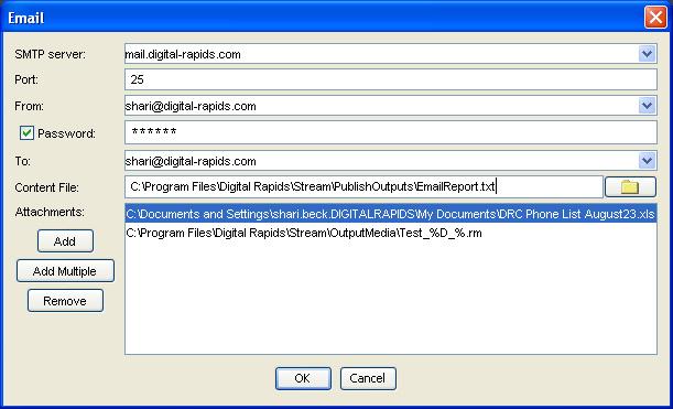 Digital Rapids Stream Software E-mail (StreamPro) Send an e-mail to tell someone that the encode is complete or to e-mail them a file.