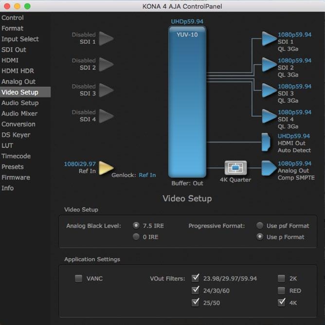 Video Setup Screen in 4K Mode Figure 50. AJA Control Panel, Video Setup Screen (4K checkbox) 4K Mode adds the 4K Geometry selection (check box).
