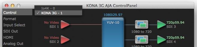 will report the change by displaying the new In use application. If no in-use message is displayed, the AJA Control Panel is in control of KONA.