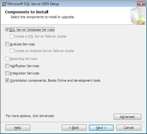 9) Select SQL Server Database Services and WorkStation Components on the Components to Install