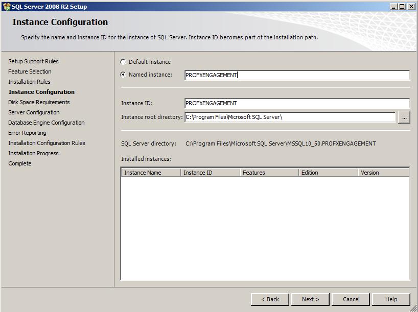 7) Select Named Instance and type in PROFXENGAGEMENT on the Instance Configuration screen. Click Next to continue.