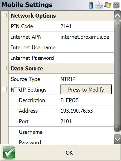For Network Options, enter the specific settings for the SIM card used. An APN server name must be entered, even if the other Network Options are blank.