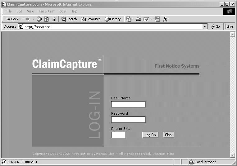 Figure 2 1. Log-In Screen When you log into ClaimCapture, all activity on your workstation is associated with your User ID.