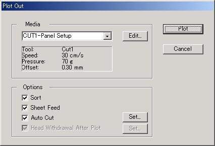 4 Click Plot button in the Plot dialog. Plot Out dialog appears. (Refer to page 63) Check [Auto Cut] to enable sheet cut automatically after completing each cutting operation.