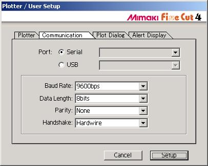 2) Communication Select communication conditions for the interface. Port : Baud Rate : Data Length : Parity : Handshake : Select a port connected to the plotter.