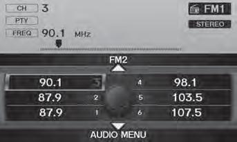 Playing FM/AM Radio Selecting FM/AM Mode Audio 1. Press the AM/FM button. Press the AM/FM button again, if necessary, to select the frequency band (AM, FM1, FM2). 2.