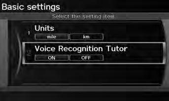 Interface Settings Basic Settings Basic Settings System Setup H INFO button Setup Other Basic Settings Set the map units to either miles or kilometers (km), and control the voice feedback from the