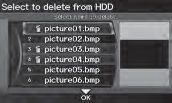 Interface Settings Wallpaper Deleting Pictures from HDD H INFO button Clock/Wallpaper Picture Setup Delete Pictures on HDD 1. Rotate i to select a picture. Press u.