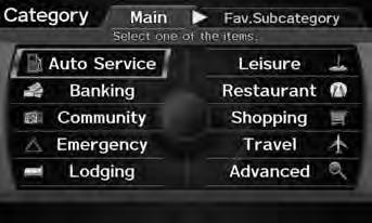 Entering a Destination Place Category Place Category Navigation H DEST/ROUTE button Place Category Select the category of a place (e.g., Banking, Lodging, Restaurant) stored in the map database to search for the destination.
