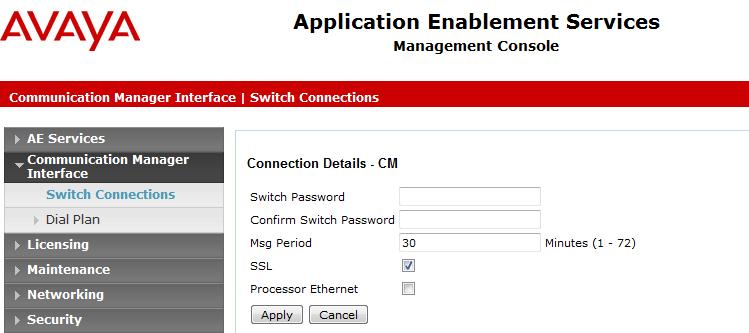 6.3. Add a Switch connection From the left hand menu, choose Communication Manager Interface Switch Connections and click on the Add