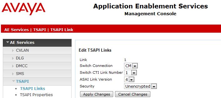 6.4. Add a TSAPI link From the left hand menu, choose AE Services TSAPI TSAPI Links and click the Add Link button (not shown).