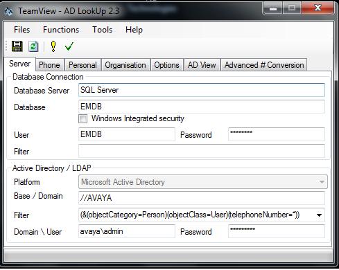 From the Server tab of AD Lookup, enter the details for the SQL Database and Active
