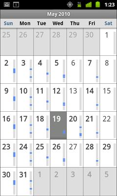 Calendar 172 Working in Month view Month view displays a chart of the events of the month. Segments of each day with scheduled events are blue in the day s vertical bar.