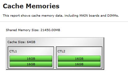 Cache Memories report This report shows cache memory data, including shared memory, main board, and DIMM capacity.