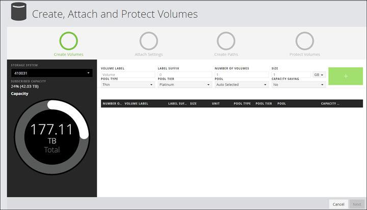 2. Do one of the following to open the Create, Attach and Protect Volumes page: Select a server, click Attach Volumes, and select Create, Attach, and Protect Volumes.