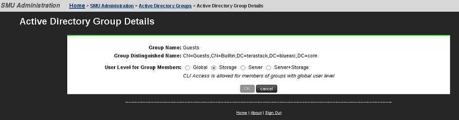 4. Select a User Level to be assigned to members of the group. CLI access is given to members of all groups defined with the Global level.
