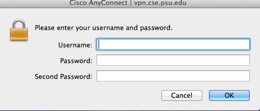 Enter your CSE Password for Password. 7. Enter the following for the Second Password : push and then select OK. 8.
