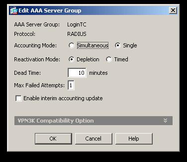 3. Under AAA Server Groups click Add: Property Explanation Example Accounting Mode Reactivation Mode Dead Time Max Failed Attempts Indicates how accounting messages are sent. Recommended single mode.