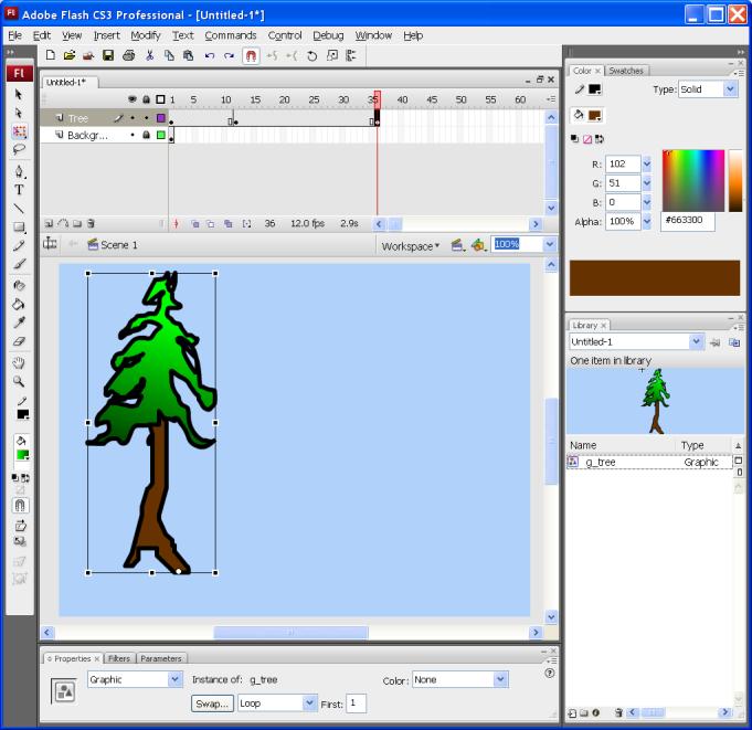 9. With frame 36 in the tree layer selected use the Free Transform tool (Q key) to rotate the tree to a fallen position.