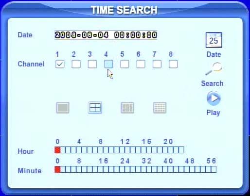 Fig 3.15 Time Search STEP3 This unit has full and 4 screen playback. Select the screen display mode and the channels. STEP4 If want to change the date, press Date button.