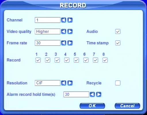 Fig 4.7 Record Configuration Here users can set record quality, frame rate, resolution, and recycle. The following are the definitions of every option.