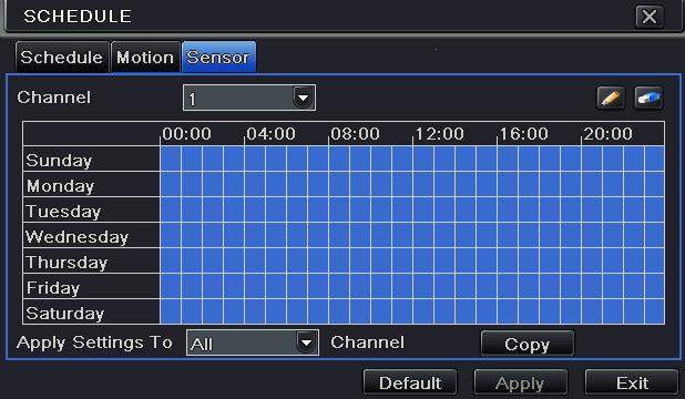 Fig 4-17 Schedule Configuration-Motion 4.4.3 Sensor This tab allows to setup schedule for sensor based recording. Step1: Enter into Menu Setup Schedule Sensor tab.